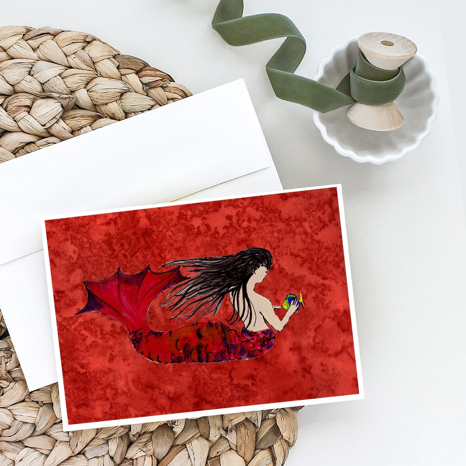 Black Haired Mermaid on Red Greeting Cards and Envelopes Pack of 8 - the-store.com