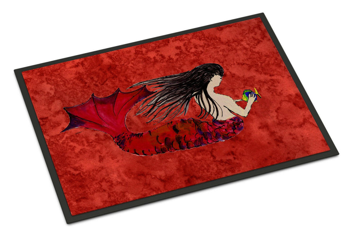 Black Haired Mermaid on Red Indoor or Outdoor Mat 24x36 8726JMAT - the-store.com