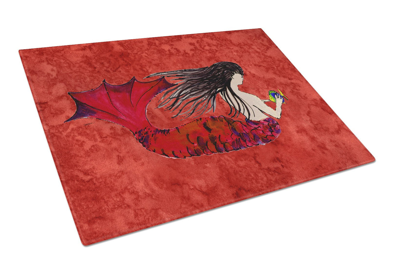 Black Haired Mermaid on Red Glass Cutting Board Large 8726LCB by Caroline's Treasures