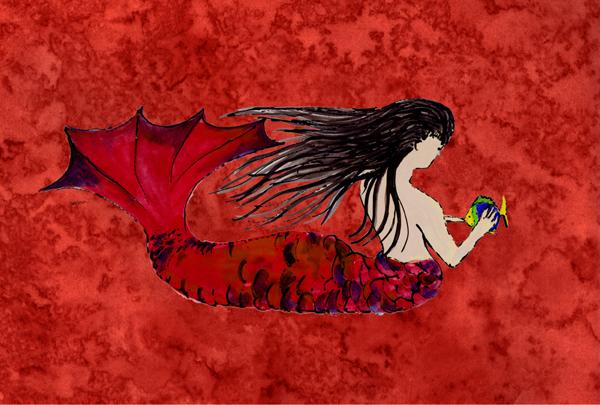 Black Haired Mermaid on Red Fabric Placemat 8726PLMT by Caroline&#39;s Treasures