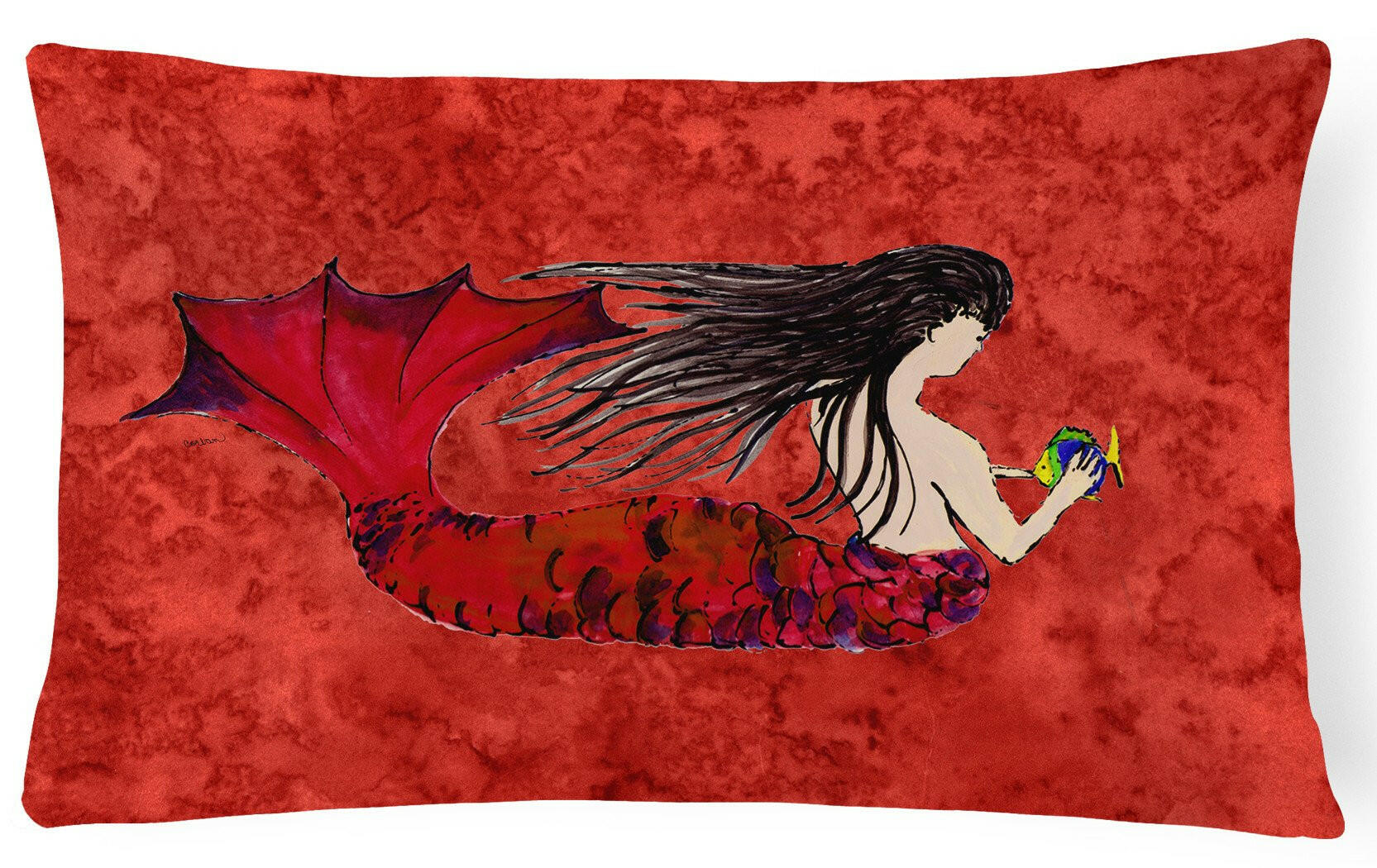 Black Haired Mermaid on Red Canvas Fabric Decorative Pillow 8726PW1216 by Caroline's Treasures