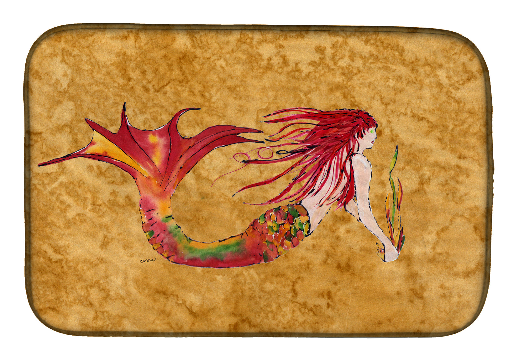 Ginger Red Headed Mermaid on Gold Dish Drying Mat 8727DDM  the-store.com.
