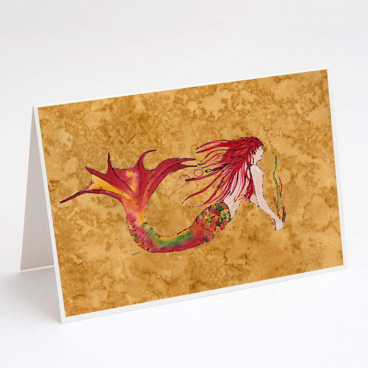 Buy this Ginger Red Headed Mermaid on Gold Greeting Cards and Envelopes Pack of 8