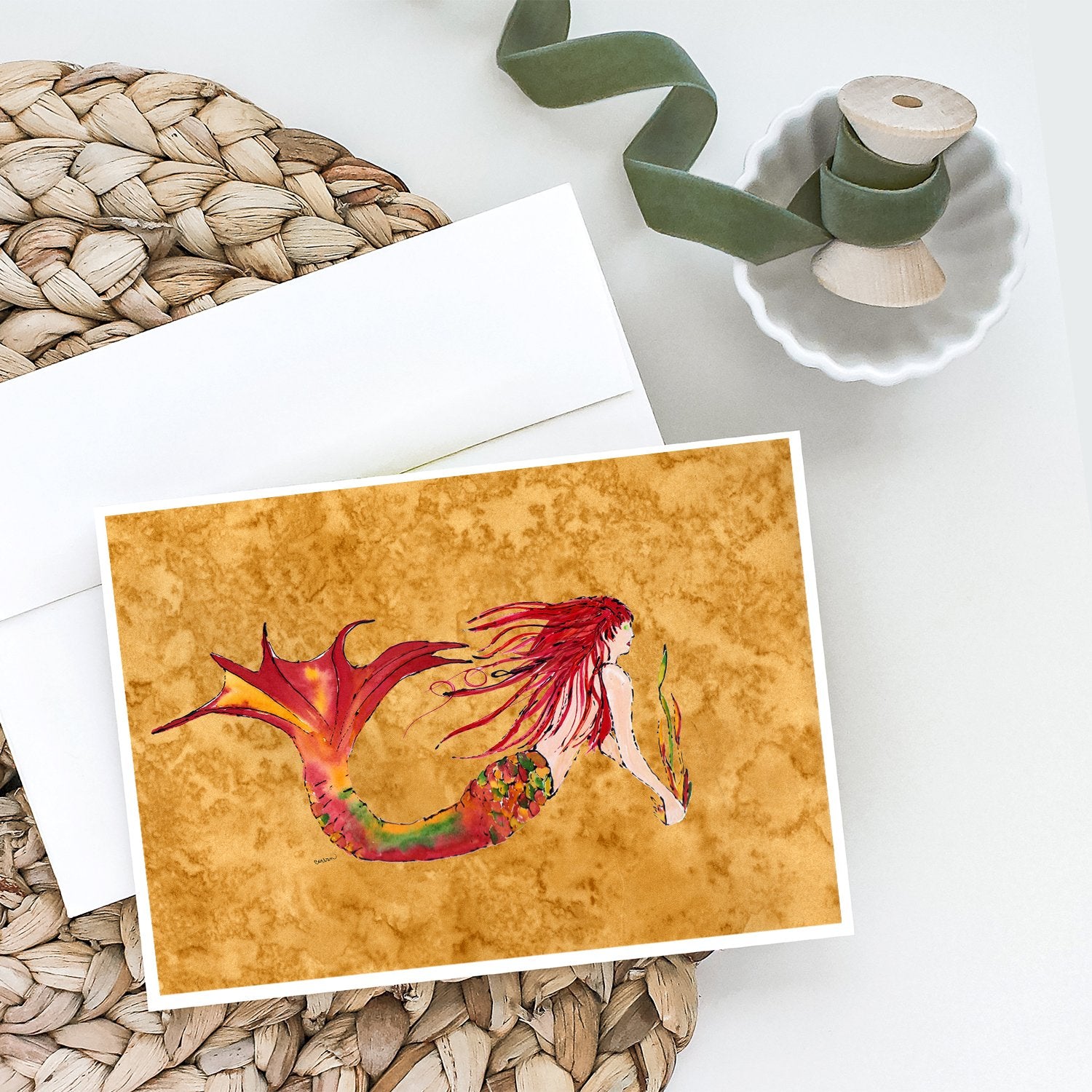Ginger Red Headed Mermaid on Gold Greeting Cards and Envelopes Pack of 8 - the-store.com