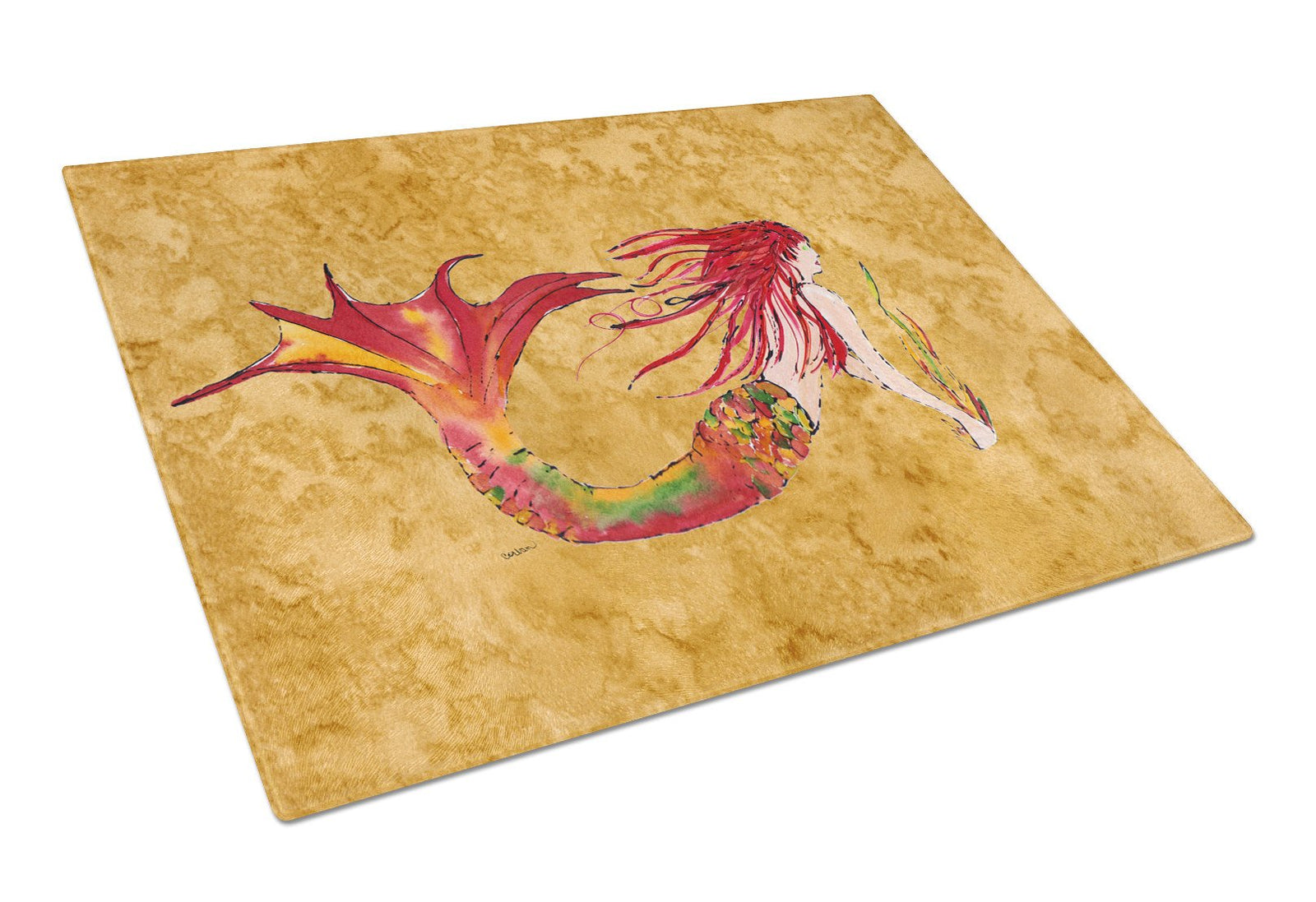 Ginger Red Headed Mermaid on Gold Glass Cutting Board Large 8727LCB by Caroline's Treasures
