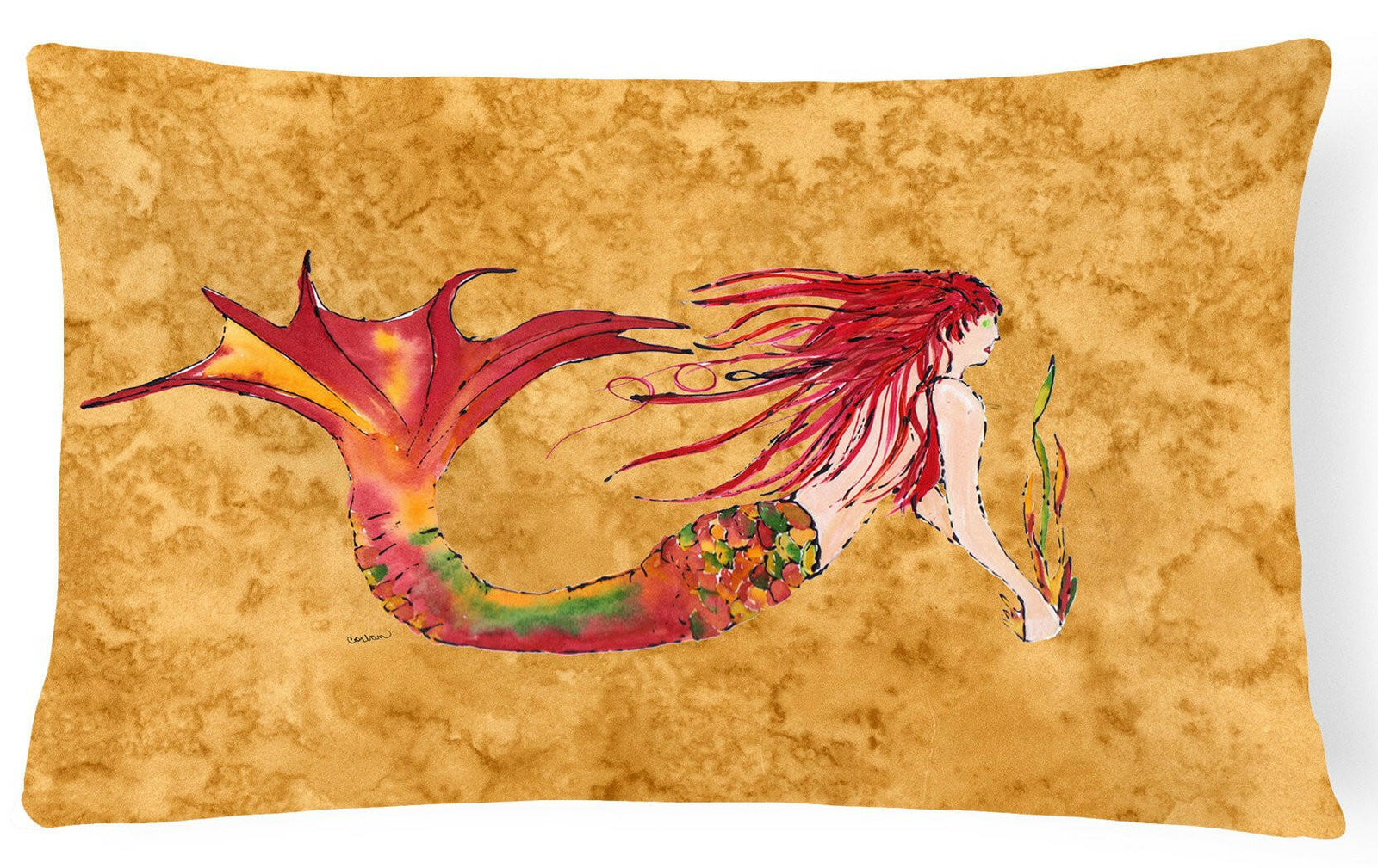 Ginger Red Headed Mermaid on Gold Canvas Fabric Decorative Pillow 8727PW1216 by Caroline's Treasures