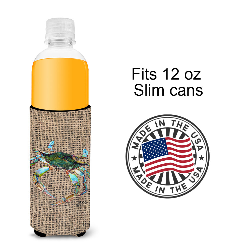 Blue Crab on Faux Burlap Ultra Beverage Insulators for slim cans 8731MUK
