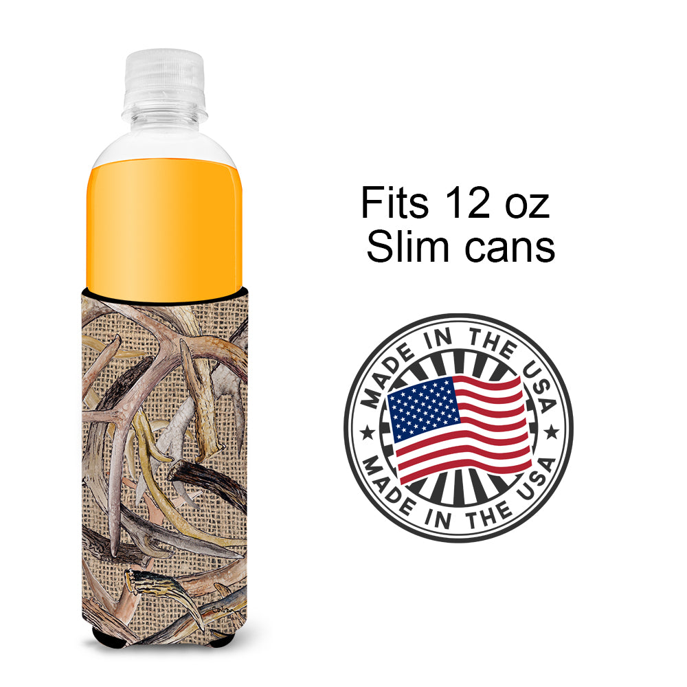 Deer Horns  on Faux Burlap Ultra Beverage Insulators for slim cans 8732MUK.