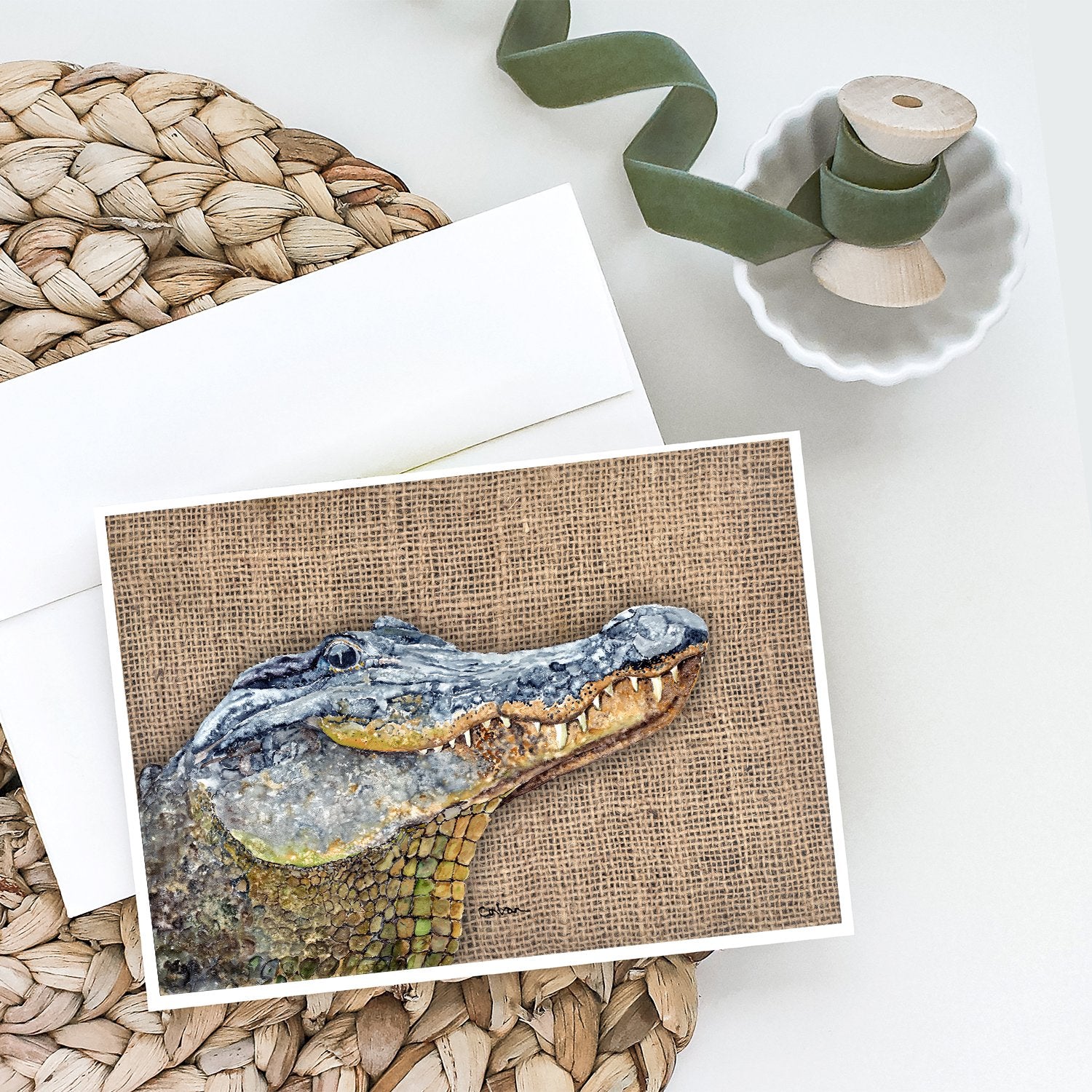 Alligator  on Faux Burlap Greeting Cards and Envelopes Pack of 8 - the-store.com