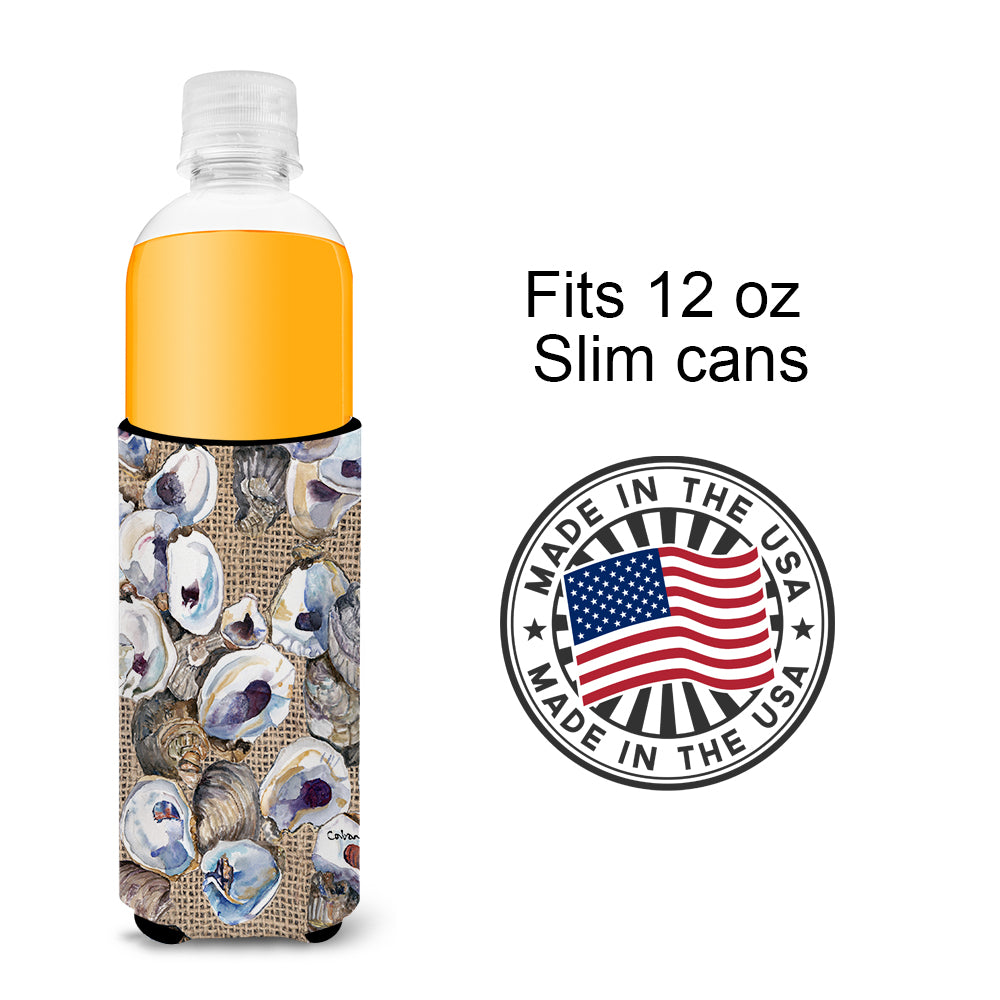 Oyster  on Faux Burlap Ultra Beverage Insulators for slim cans 8734MUK.