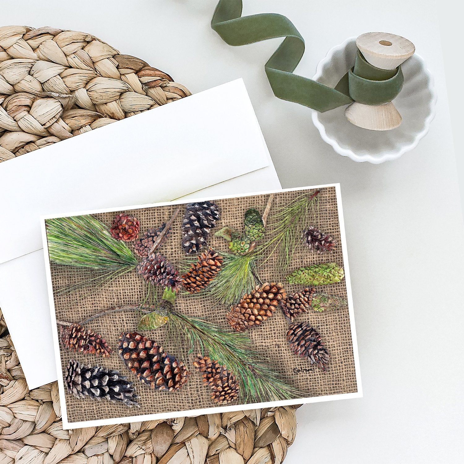 Pine Cones  on Faux Burlap Greeting Cards and Envelopes Pack of 8 - the-store.com