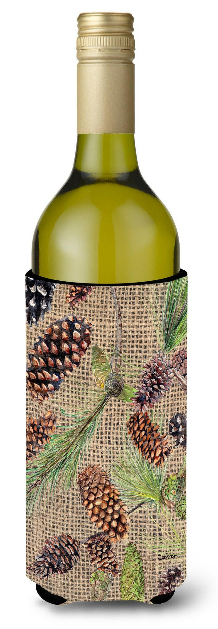 Pine Cones  on Faux Burlap Wine Bottle Beverage Insulator Beverage Insulator Hugger by Caroline&#39;s Treasures