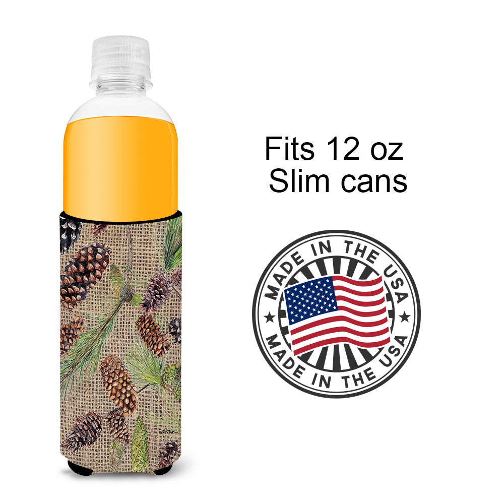 Pine Cones  on Faux Burlap Ultra Beverage Insulators for slim cans 8735MUK