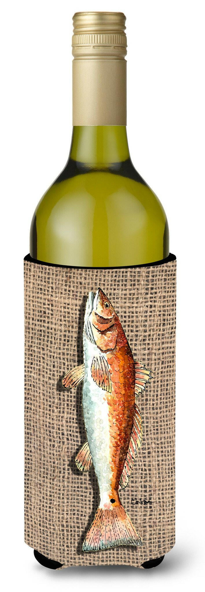 Fish Red Fish  on Faux Burlap Wine Bottle Beverage Insulator Beverage Insulator Hugger by Caroline's Treasures