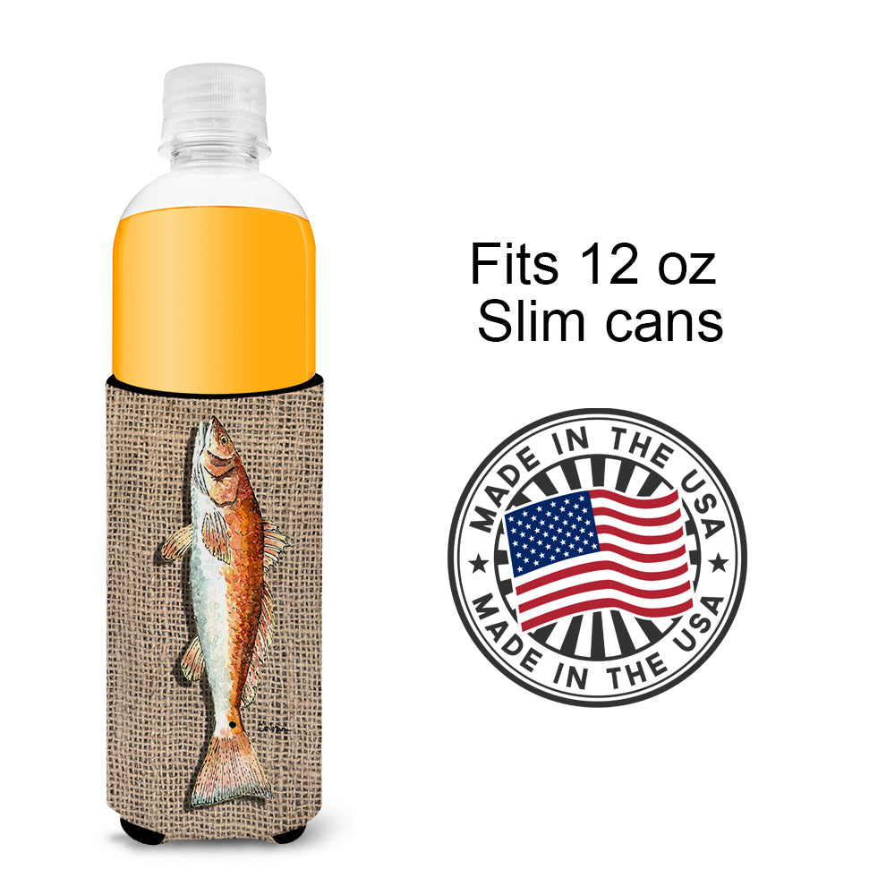 Fish Red Fish  on Faux Burlap Ultra Beverage Insulators for slim cans 8736MUK.