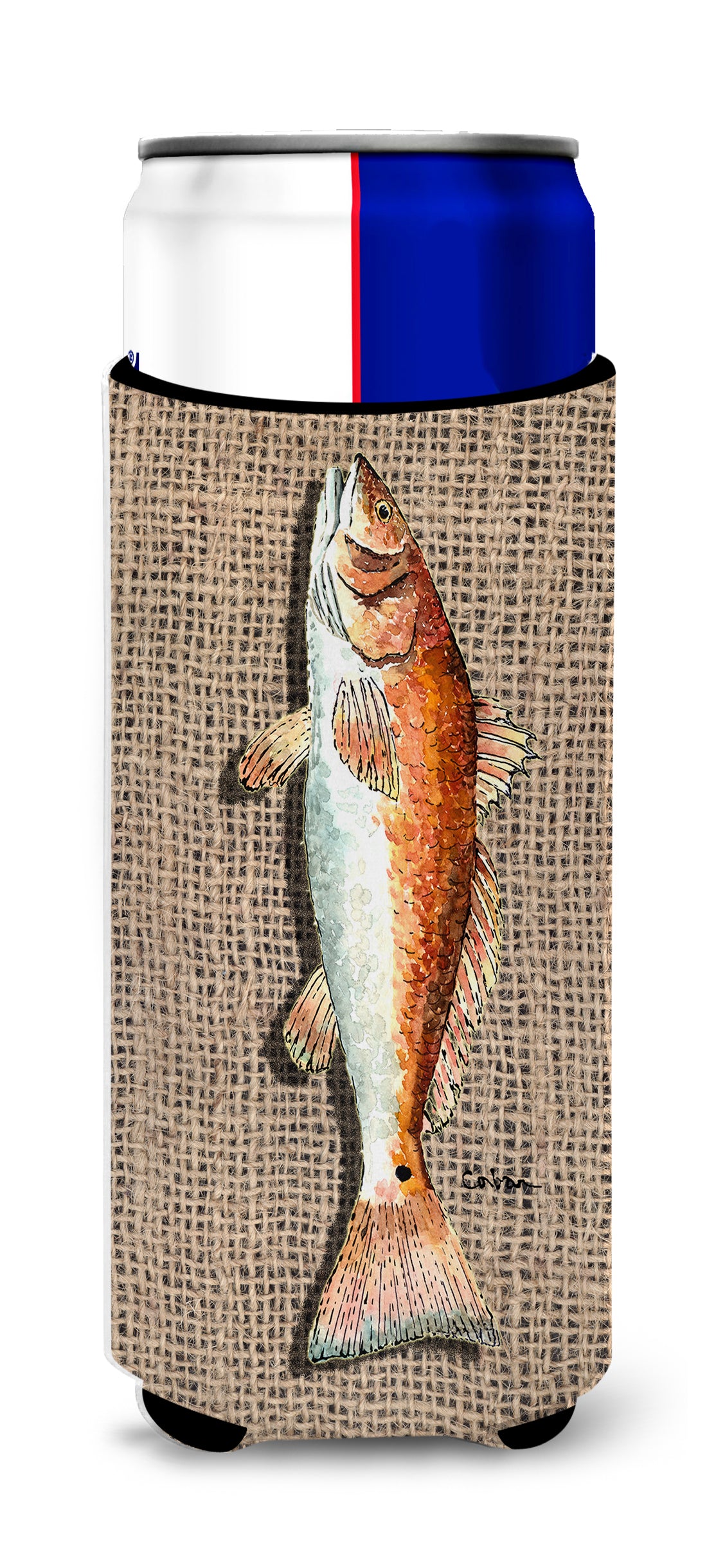 Fish Red Fish  on Faux Burlap Ultra Beverage Insulators for slim cans 8736MUK.