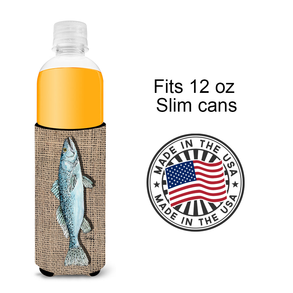 Fish Speckled Trout  on Faux Burlap Ultra Beverage Insulators for slim cans 8737MUK