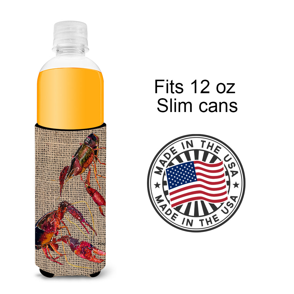 Crawfish  on Faux Burlap Ultra Beverage Insulators for slim cans 8739MUK.