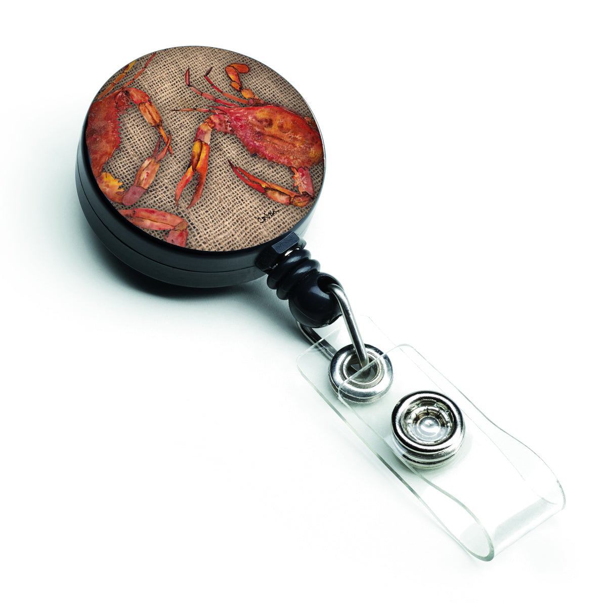 Cooked Crabs on Faux Burlap Retractable Badge Reel 8742BR  the-store.com.