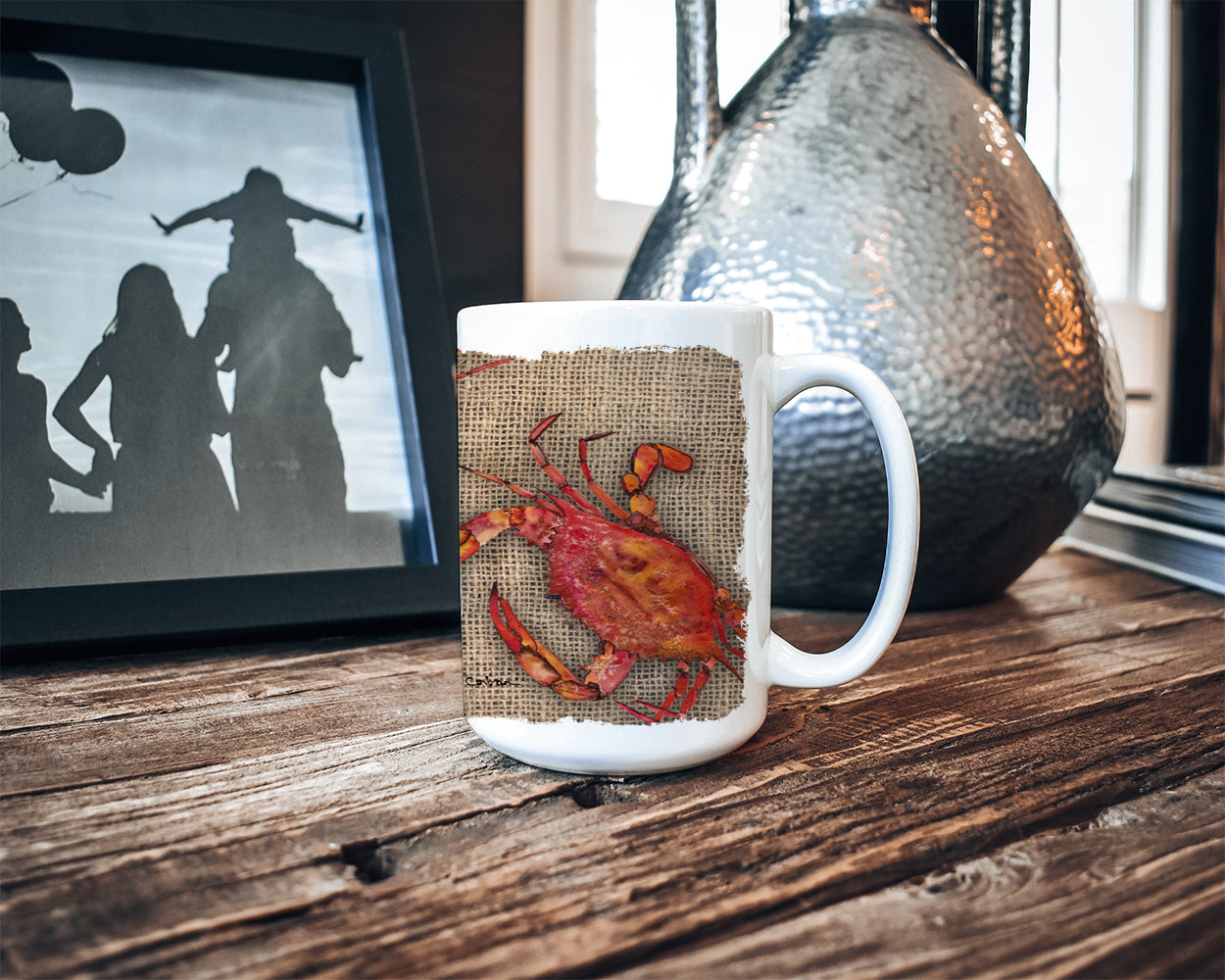 Cooked Crabs on Faux Burlap Dishwasher Safe Microwavable Ceramic Coffee Mug 15 ounce 8742CM15  the-store.com.