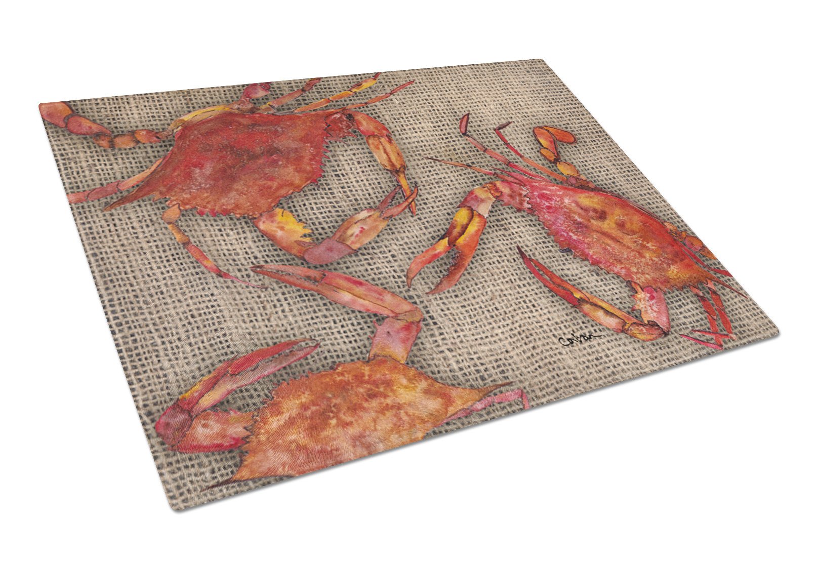 Cooked Crabs on Faux Burlap Glass Cutting Board Large by Caroline's Treasures