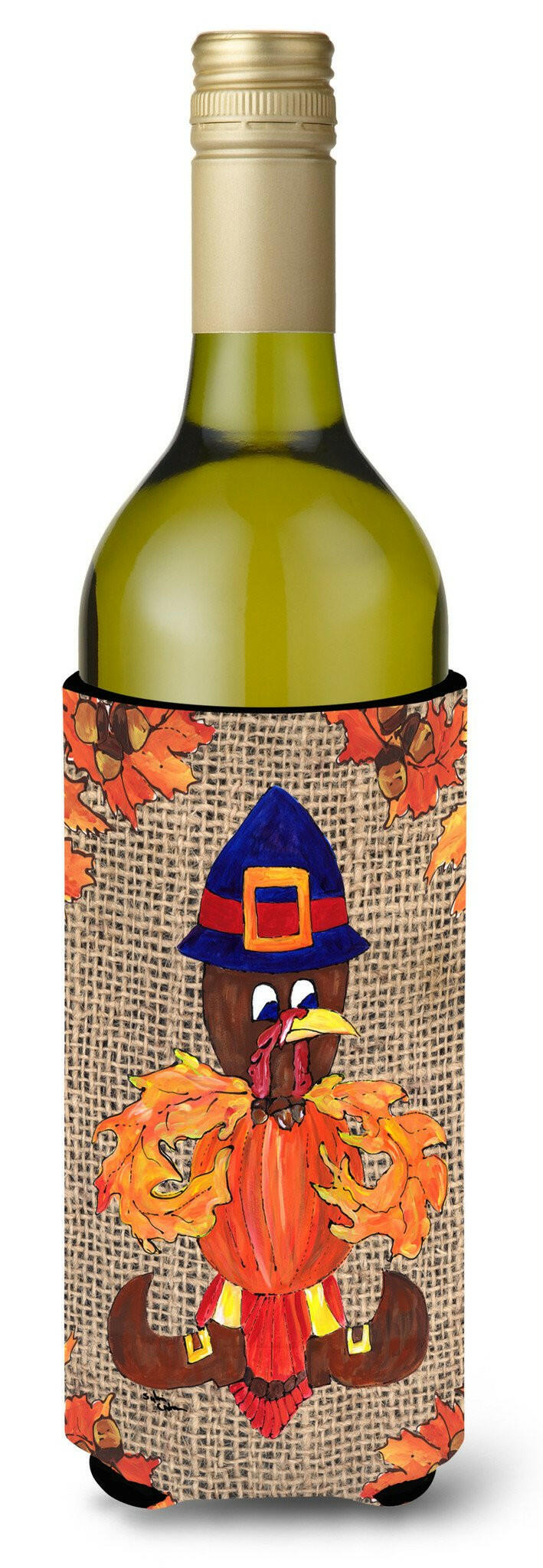 Thanksgiving Turkey Fleur de lis on Faux Burlap Wine Bottle Beverage Insulator Beverage Insulator Hugger by Caroline&#39;s Treasures