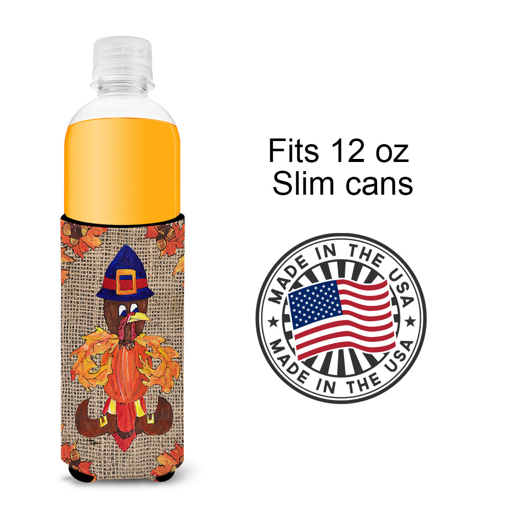 Thanksgiving Turkey Fleur de lis on Faux Burlap Ultra Beverage Insulators for slim cans 8743MUK.