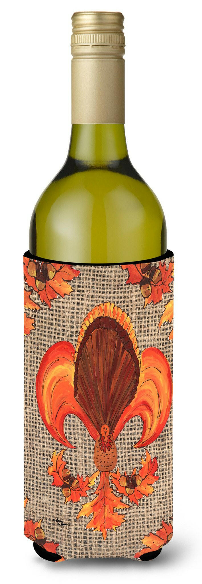 Thanksgiving Turkey Fleur de lis  on Faux Burlap Wine Bottle Beverage Insulator Beverage Insulator Hugger by Caroline&#39;s Treasures