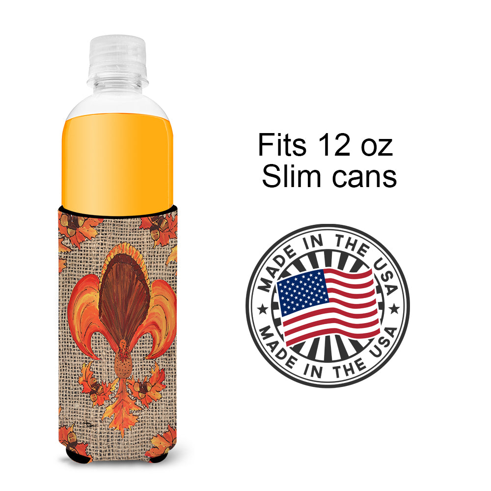 Thanksgiving Turkey Fleur de lis  on Faux Burlap Ultra Beverage Insulators for slim cans 8744MUK.