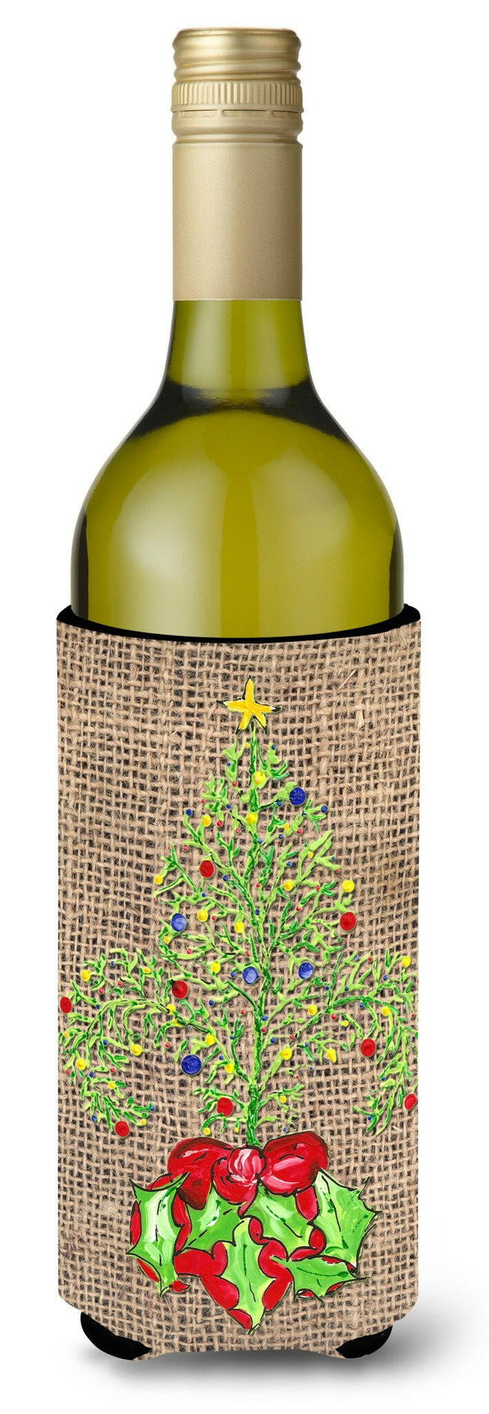 Christmas Tree Fleur de lis on Faux Burlap Wine Bottle Beverage Insulator Beverage Insulator Hugger by Caroline's Treasures