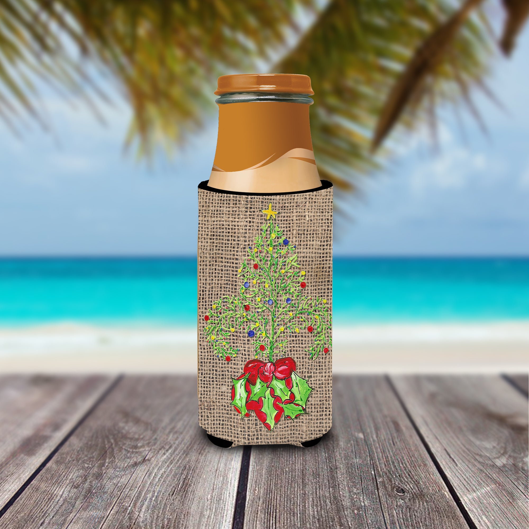 Christmas Tree Fleur de lis on Faux Burlap Ultra Beverage Insulators for slim cans 8745MUK