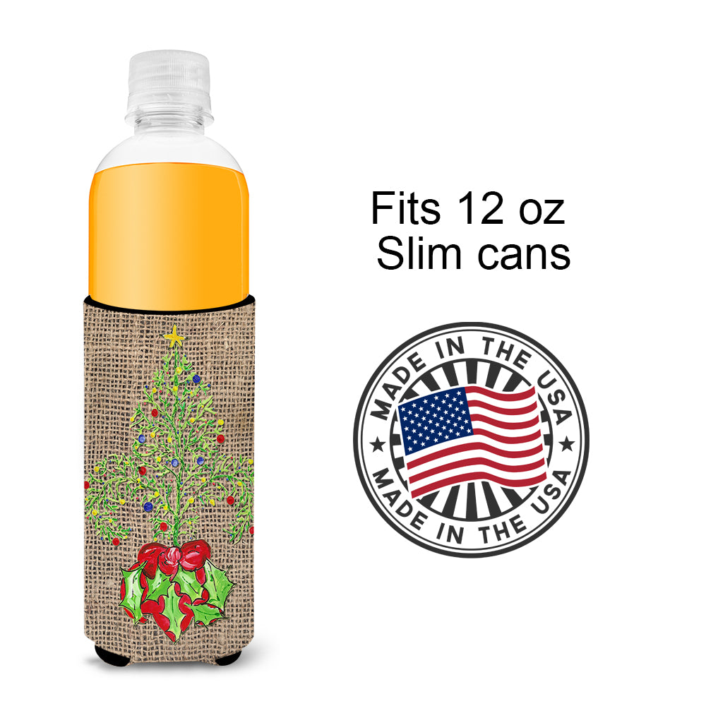Christmas Tree Fleur de lis on Faux Burlap Ultra Beverage Insulators for slim cans 8745MUK.