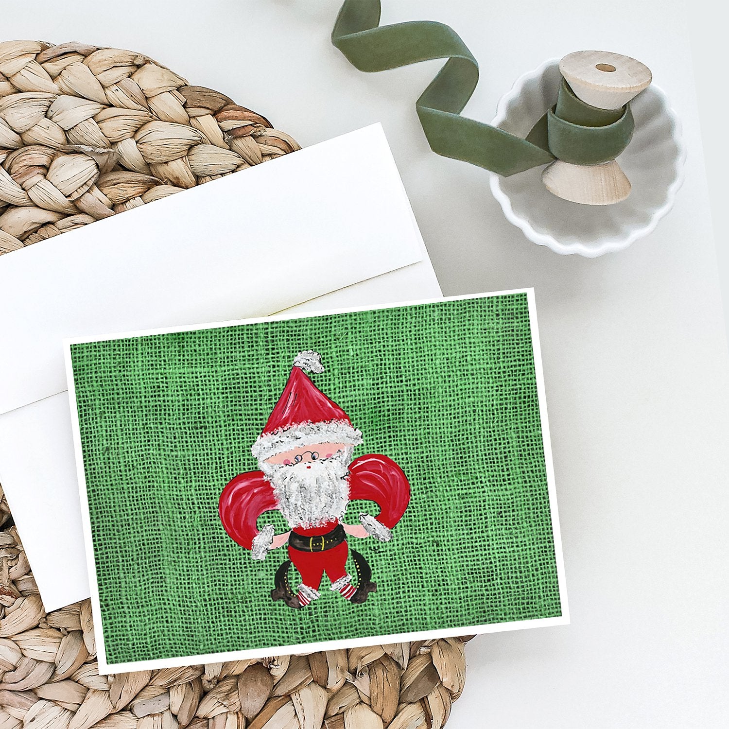 Christmas Santa Fleur de lis on Faux Burlap Greeting Cards and Envelopes Pack of 8 - the-store.com