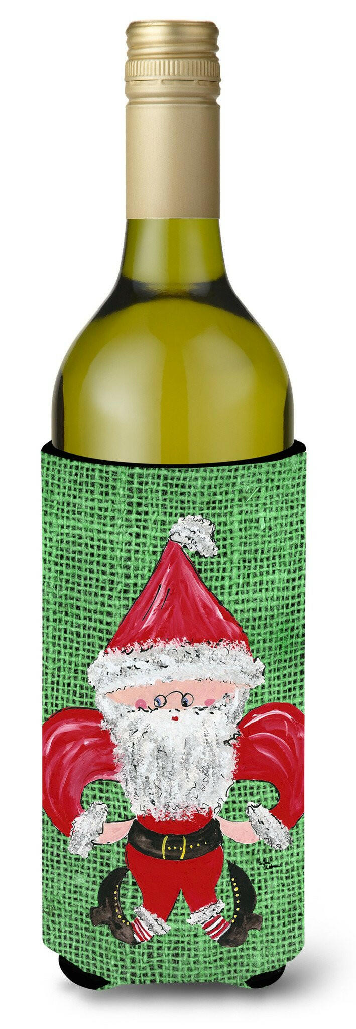 Christmas Santa Fleur de lis on Faux Burlap Wine Bottle Beverage Insulator Beverage Insulator Hugger by Caroline&#39;s Treasures