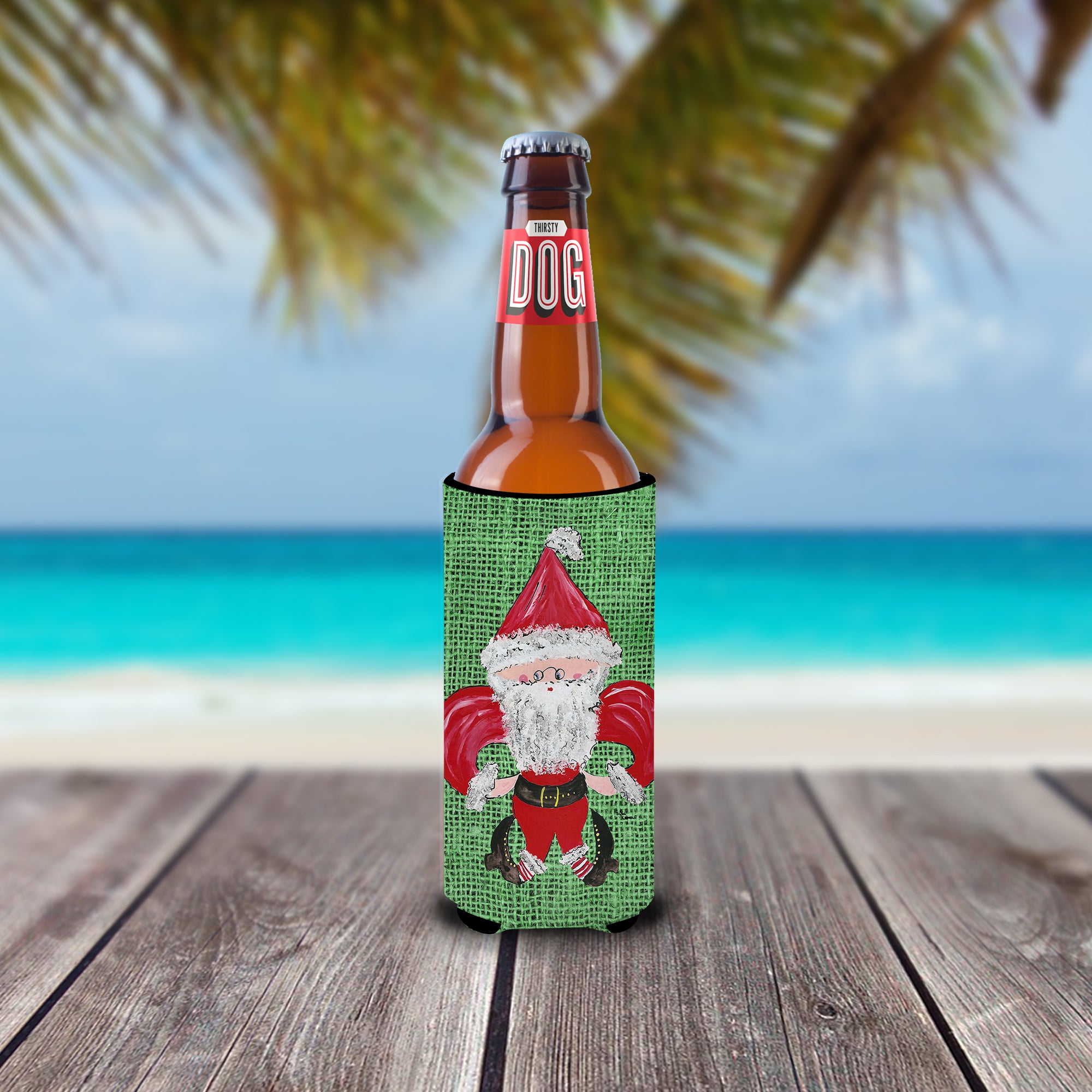 Christmas Santa Fleur de lis on Faux Burlap Ultra Beverage Insulators for slim cans 8746MUK.
