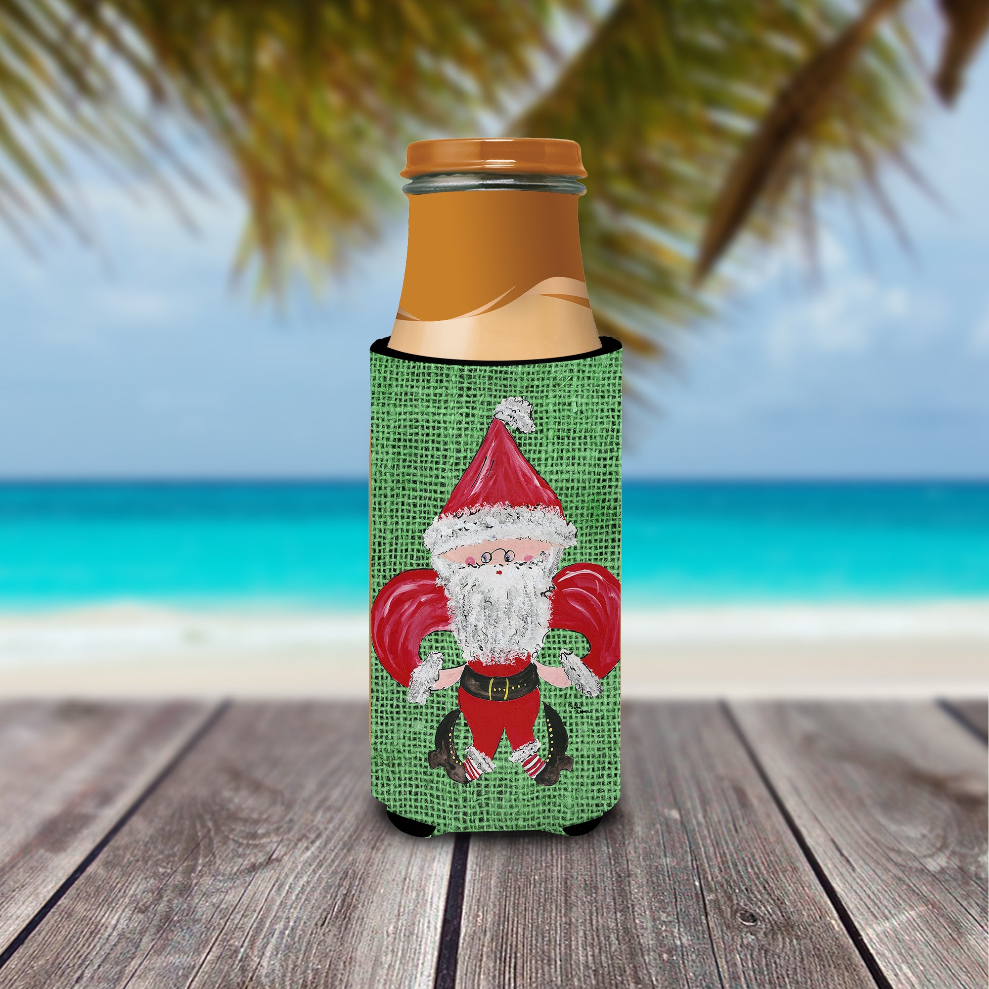 Christmas Santa Fleur de lis on Faux Burlap Ultra Beverage Insulators for slim cans 8746MUK