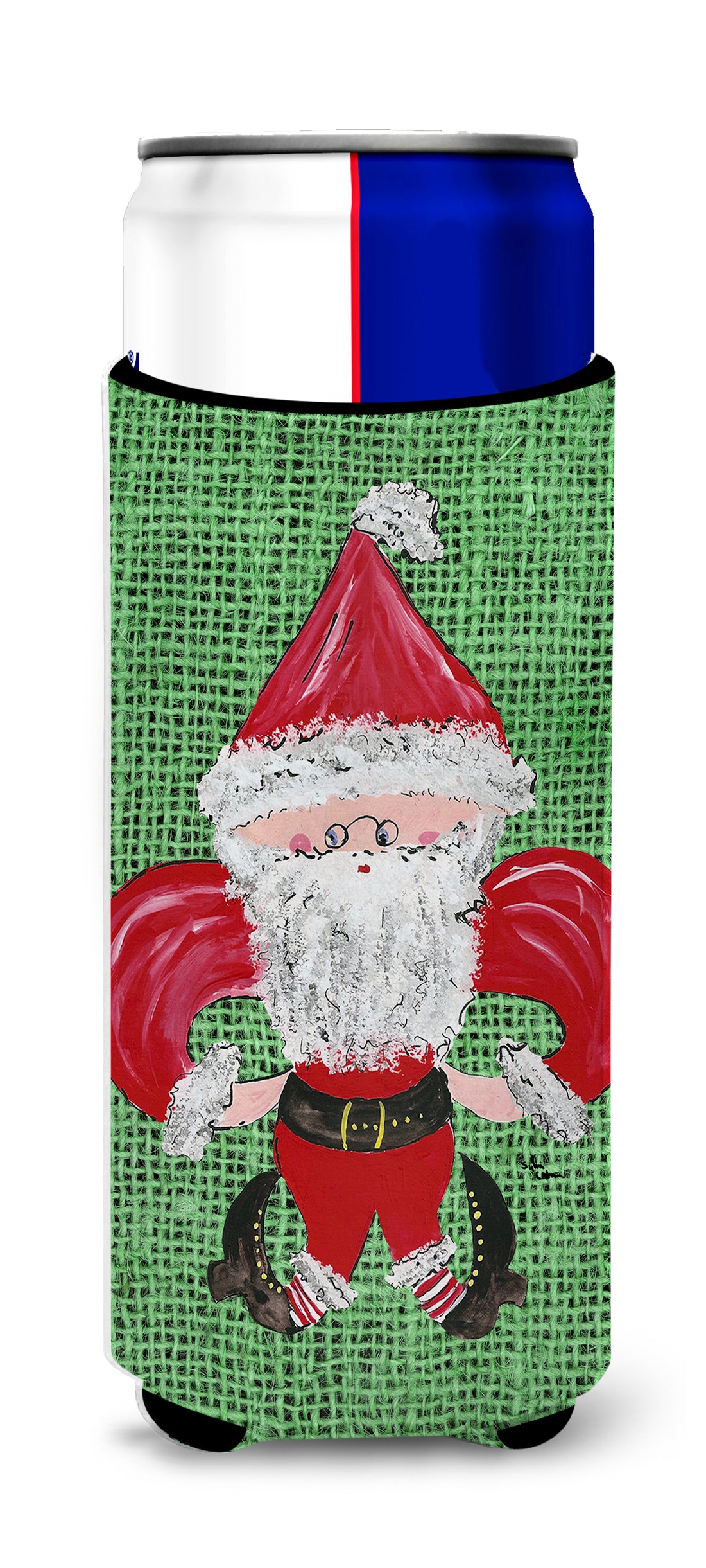 Christmas Santa Fleur de lis on Faux Burlap Ultra Beverage Insulators pour canettes minces 8746MUK
