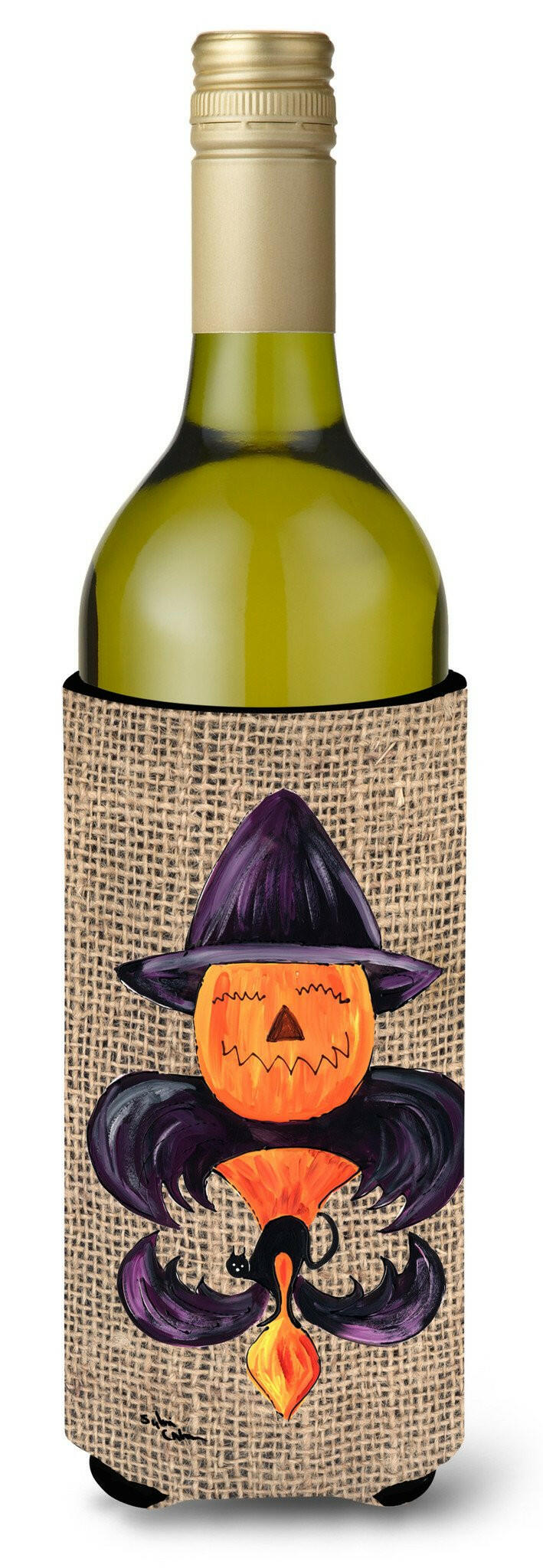 Halloween Pumpkin and Bat Fleur de lis on Faux Burlap Wine Bottle Beverage Insulator Beverage Insulator Hugger by Caroline&#39;s Treasures