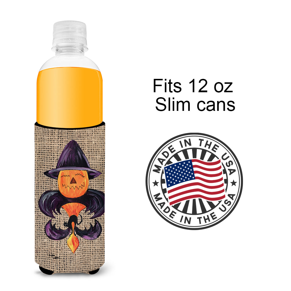 Halloween Pumpkin and Bat Fleur de lis on Faux Burlap Ultra Beverage Insulators for slim cans 8748MUK.