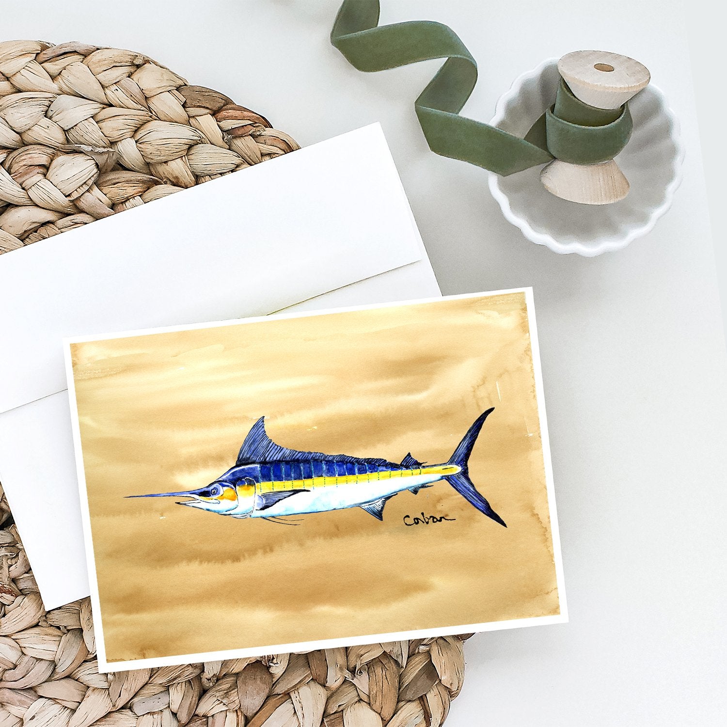 Swordfish on Sandy Beach Greeting Cards and Envelopes Pack of 8 - the-store.com