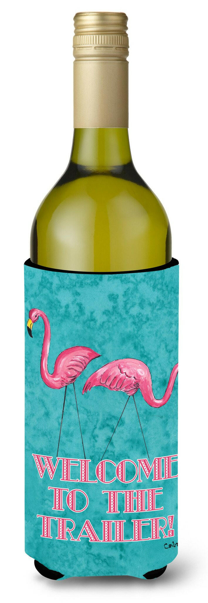 Welcome to the Trailer with Flamingos Wine Bottle Beverage Insulator Beverage Insulator Hugger by Caroline&#39;s Treasures