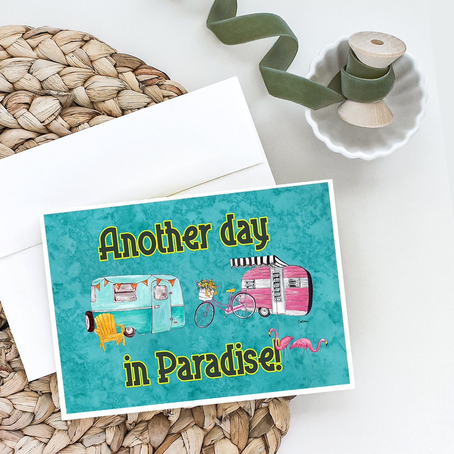 Another Day in Paradise Retro Glamping Trailer Greeting Cards and Envelopes Pack of 8 - the-store.com