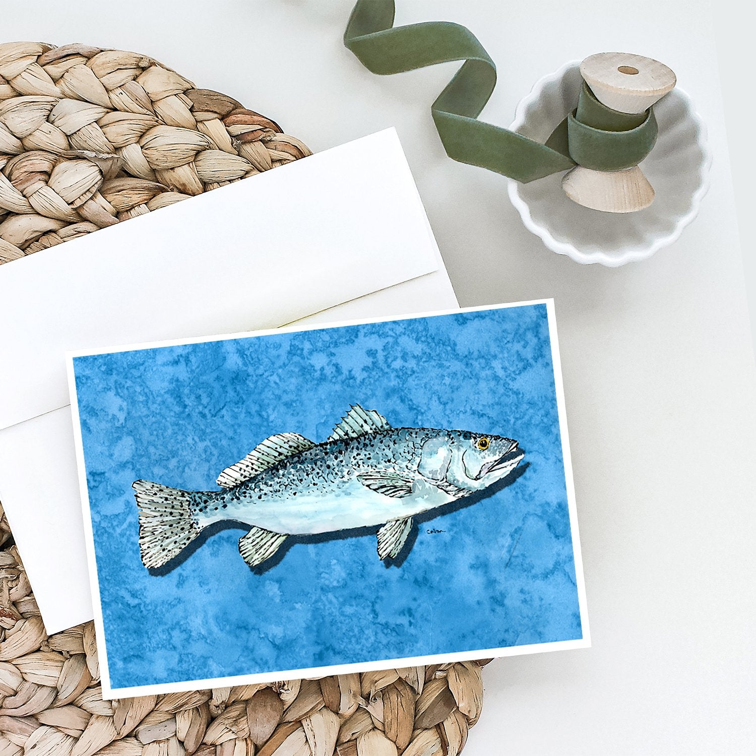 Fish - Trout Faux Burlap Greeting Cards and Envelopes Pack of 8 - the-store.com