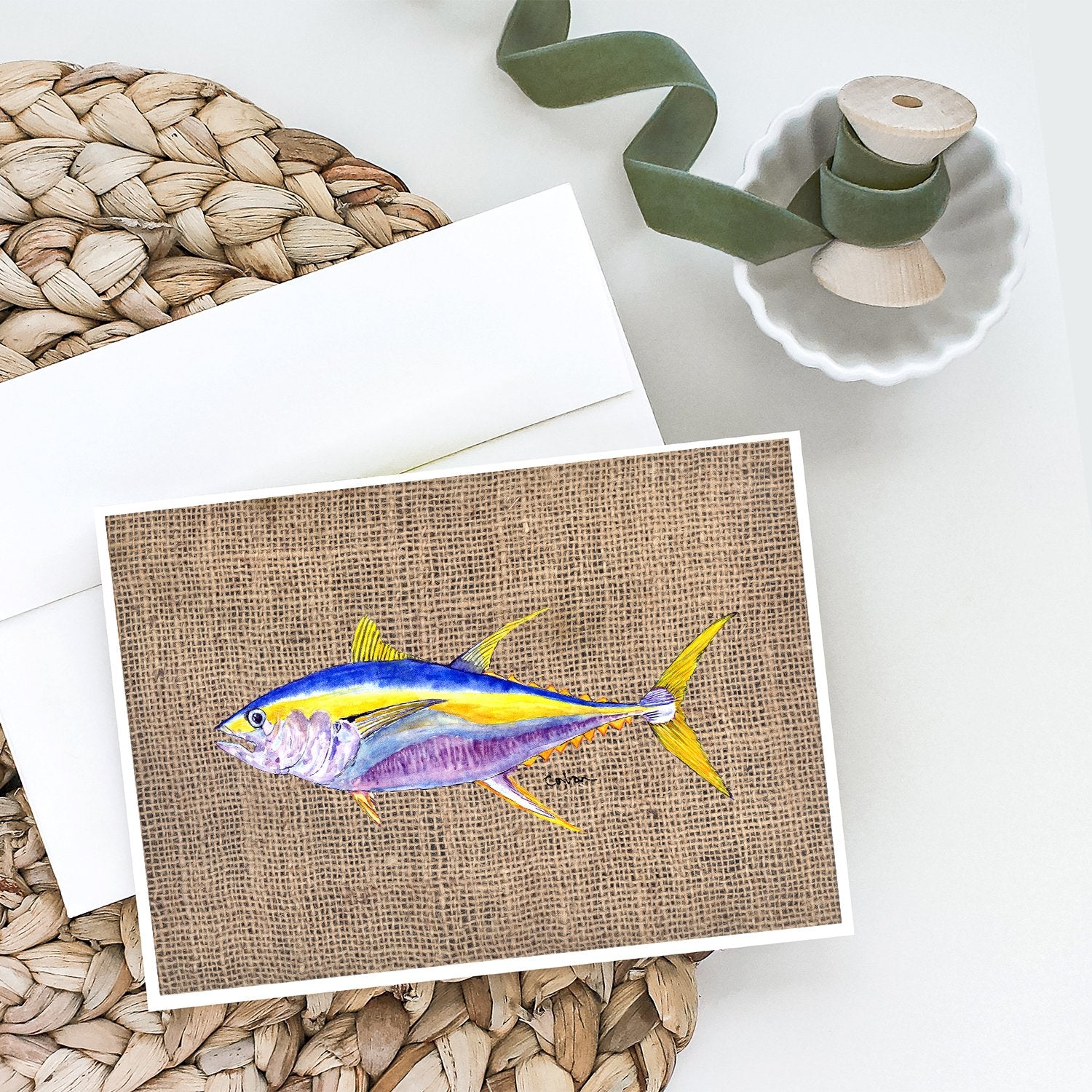 Fish - Tuna Faux Burlap Greeting Cards and Envelopes Pack of 8 - the-store.com