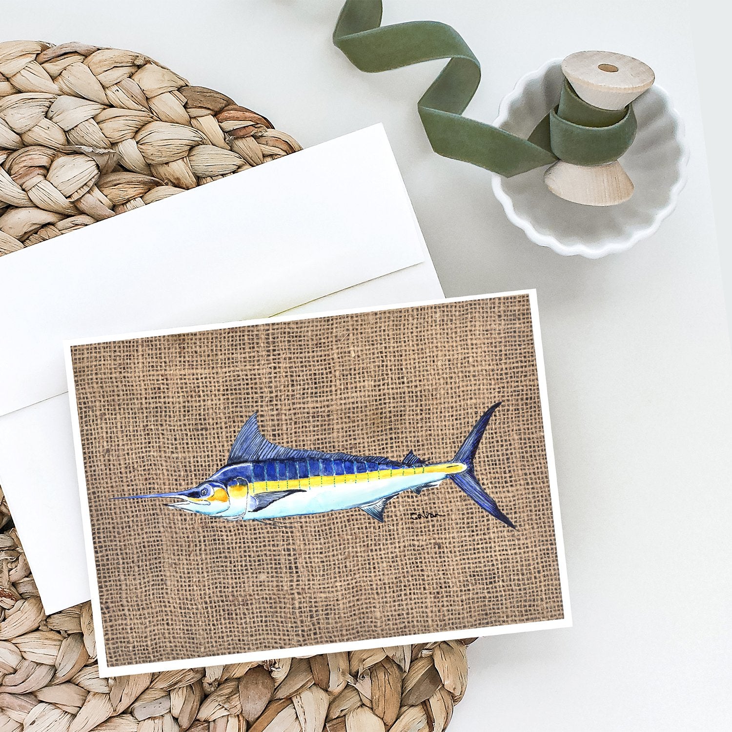 Fish - Marlin Faux Burlap Greeting Cards and Envelopes Pack of 8 - the-store.com