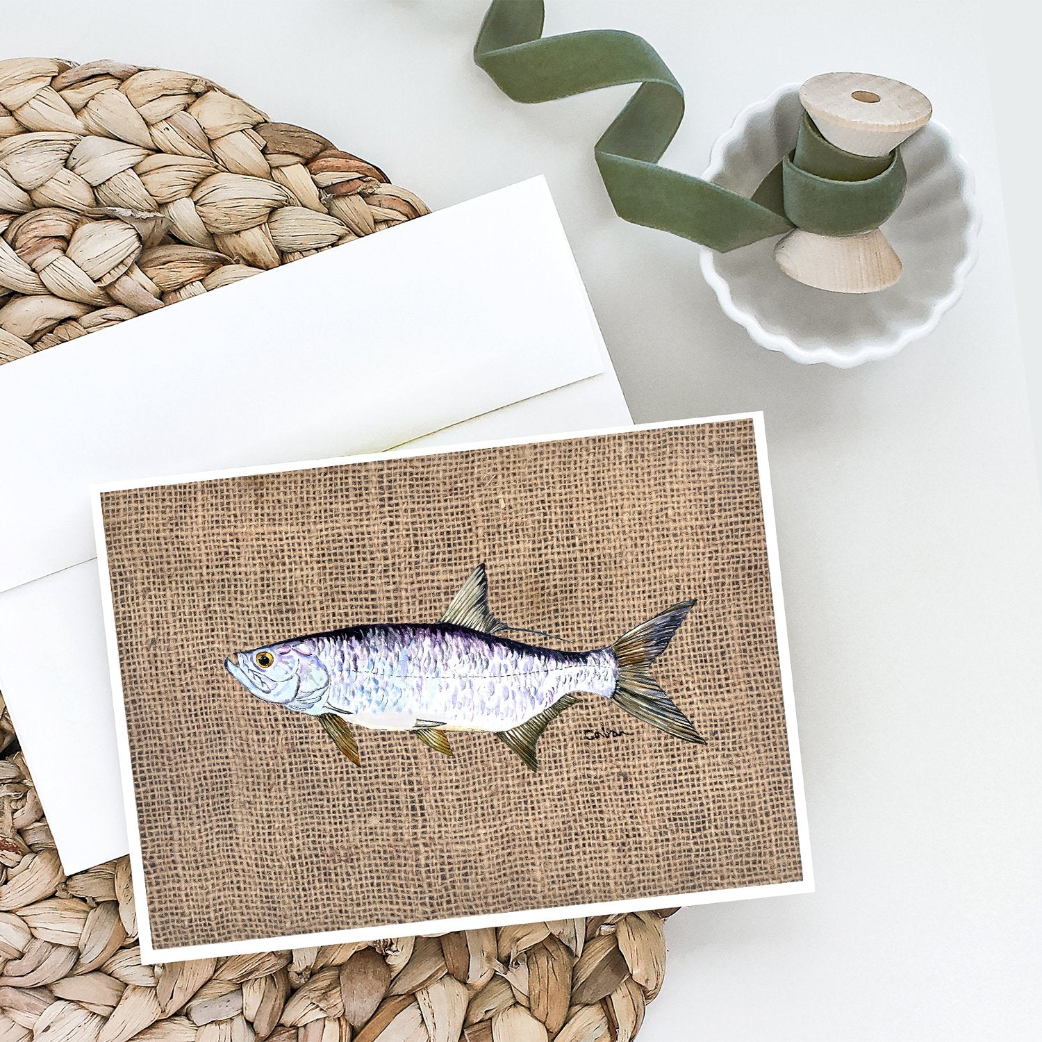 Fish - Tarpon Faux Burlap Greeting Cards and Envelopes Pack of 8 - the-store.com