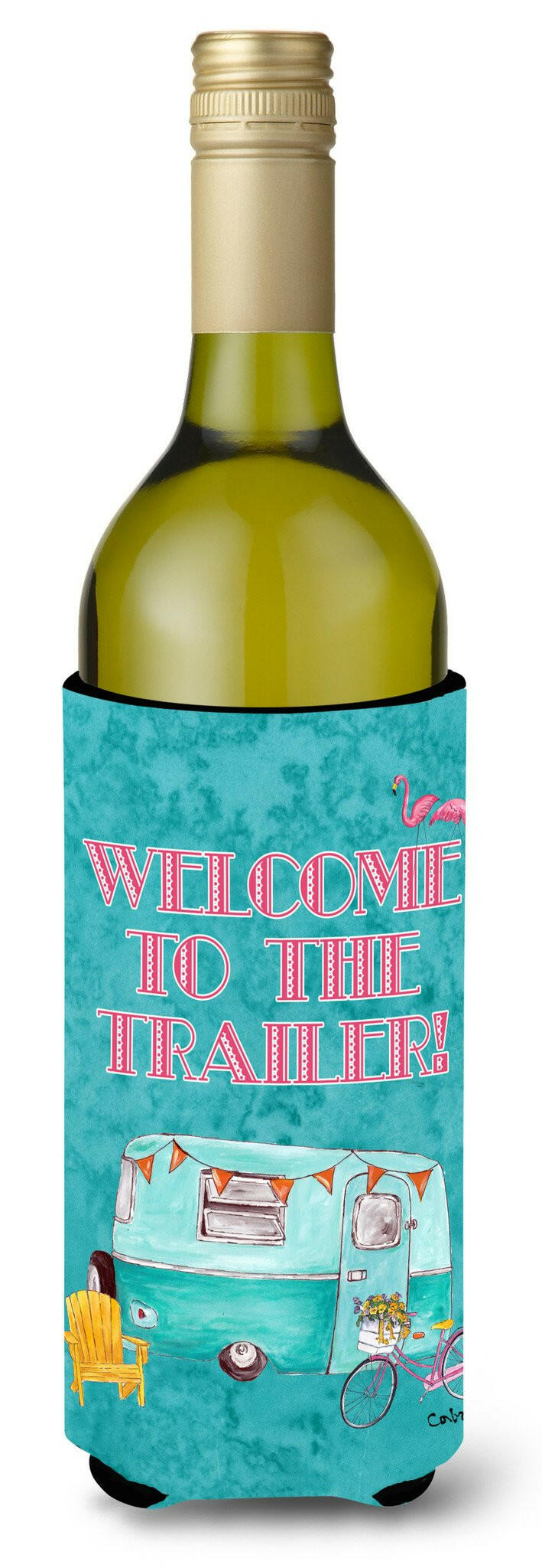 Welcome to the Trailer  Retro Glamping Trailer Wine Bottle Beverage Insulator Beverage Insulator Hugger by Caroline&#39;s Treasures
