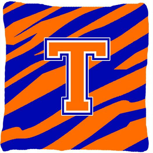 Monogram Initial T Tiger Stripe - Blue Orange Decorative   Canvas Fabric Pillow - the-store.com