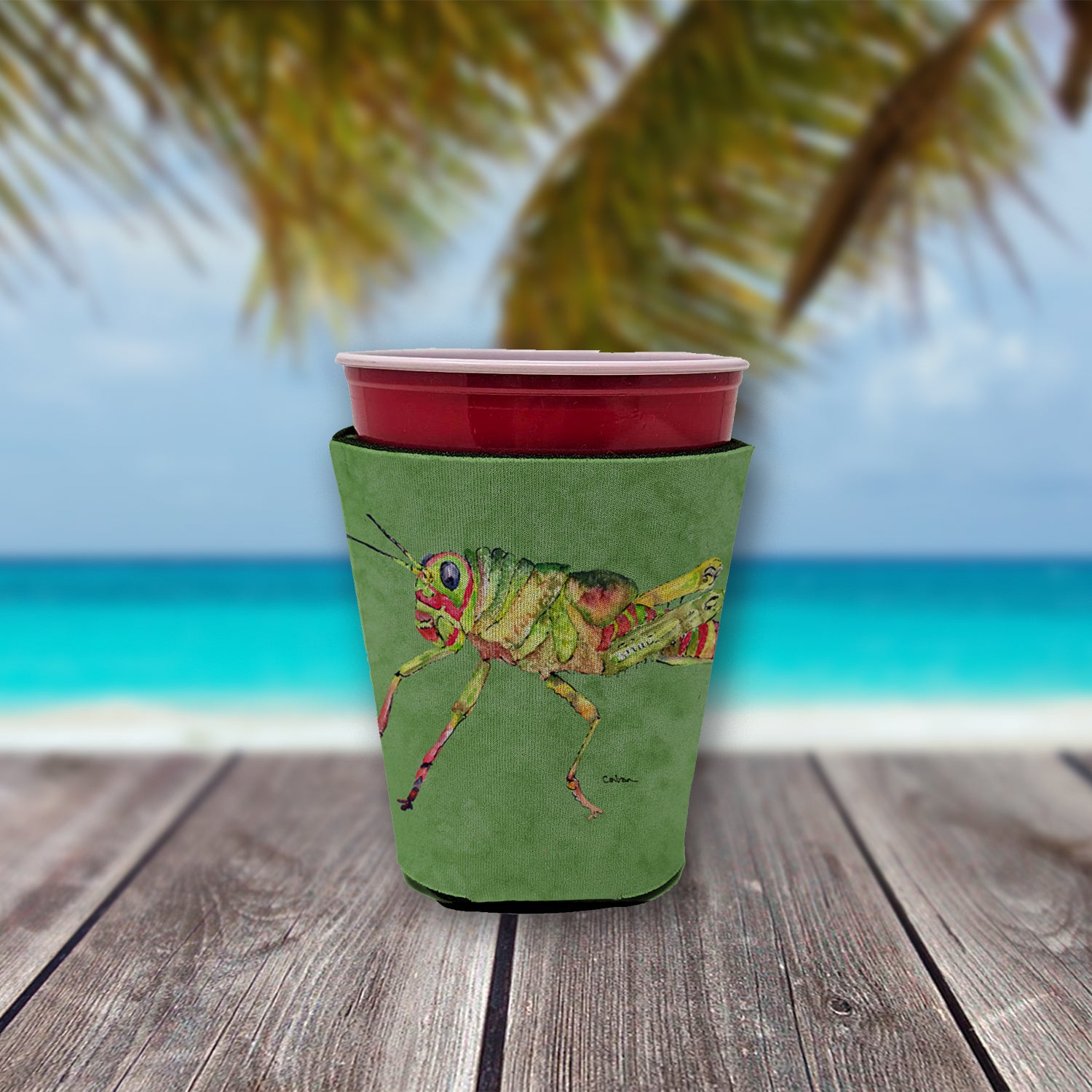 Grasshopper on Avacado Red Cup Beverage Insulator Hugger