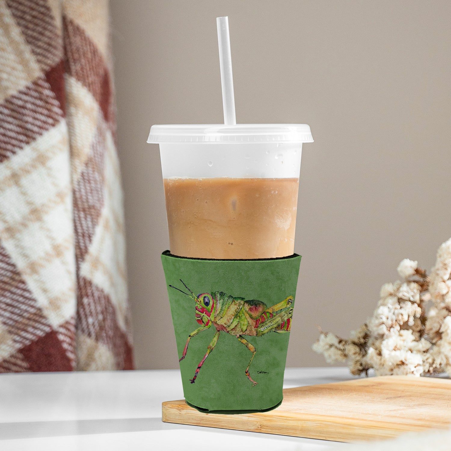 Grasshopper on Avacado Red Cup Beverage Insulator Hugger